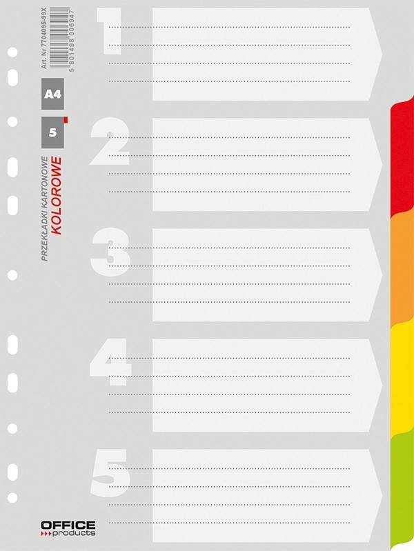 Przekładki OFFICE PRODUCTS, karton, A4, 227x297mm, 12 kart, mix kolorów