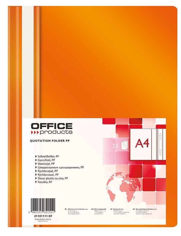 Skoroszyt OFFICE PRODUCTS, PP, A4, miękki, 100/170mikr., pomarańczowy