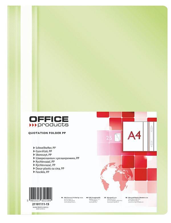 Skoroszyt OFFICE PRODUCTS, PP, A4, miękki, 100/170mikr., jasnozielony