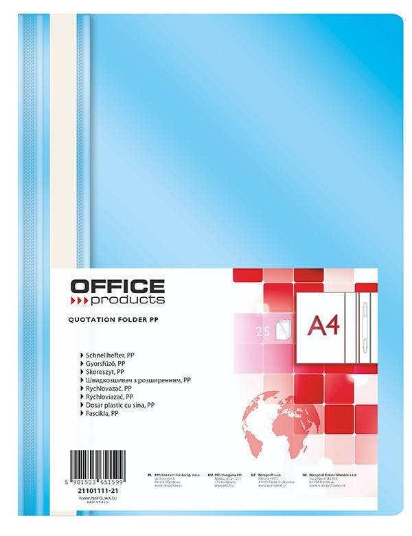 Skoroszyt OFFICE PRODUCTS, PP, A4, miękki, 100/170mikr., jasnoniebieski