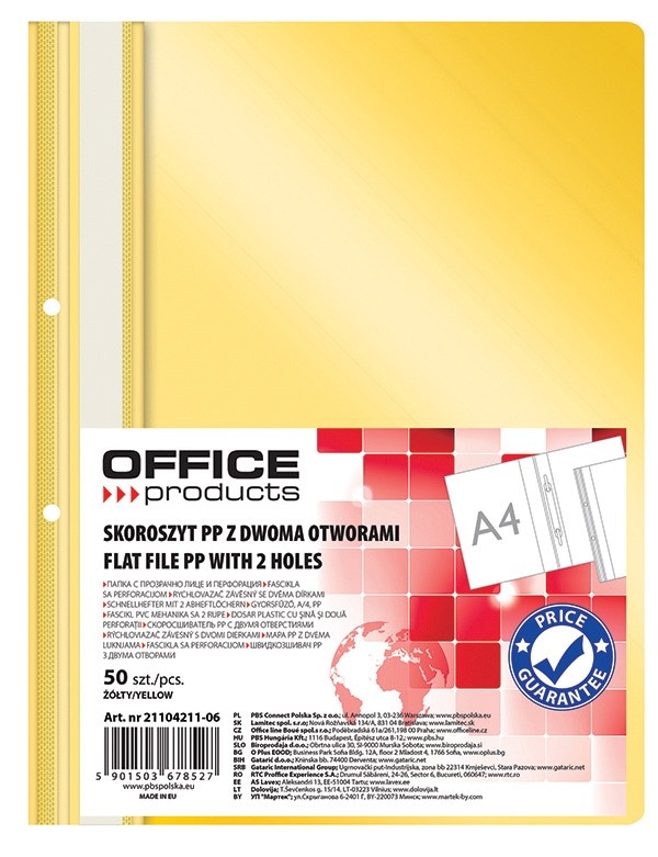 Skoroszyt OFFICE PRODUCTS, PP, A4, 2 otwory, 100/170mikr., wpinany, żółty
