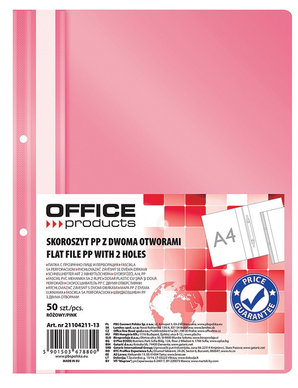 Skoroszyt OFFICE PRODUCTS, PP, A4, 2 otwory, 100/170mikr., wpinany, różowy