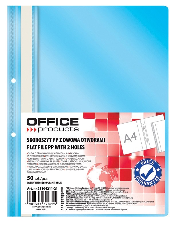 Skoroszyt OFFICE PRODUCTS, PP, A4, 2 otwory, 100/170mikr., wpinany, jasno niebieski