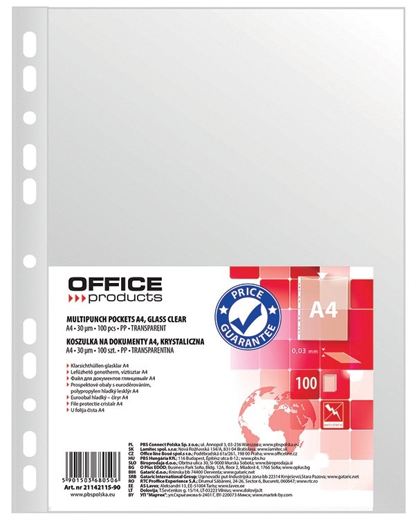 Koszulki na dokumenty OFFICE PRODUCTS, PP, A4, krystal, 30mikr., 100szt.