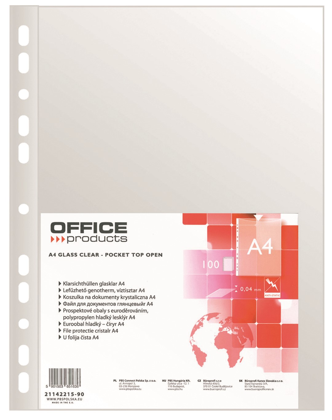 Koszulki na dokumenty OFFICE PRODUCTS, PP, A4, krystal, 40mikr., 100szt.