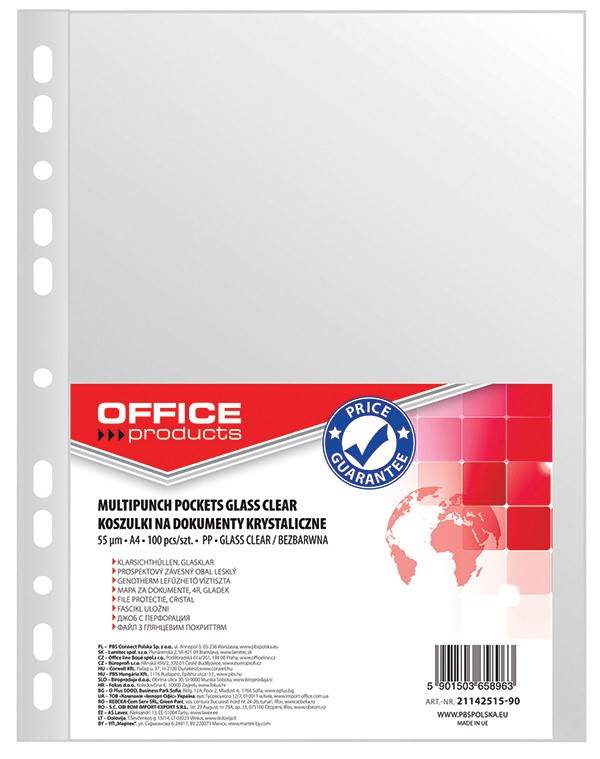 Koszulki na dokumenty OFFICE PRODUCTS,  PP,  A4,  krystal,  55mikr.,  100szt.