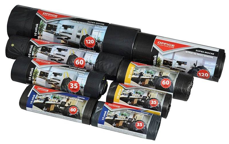 Worki na śmieci domowe z taśmą OFFICE PRODUCTS, super mocne (LDPE), 120l, 10szt., czarne
