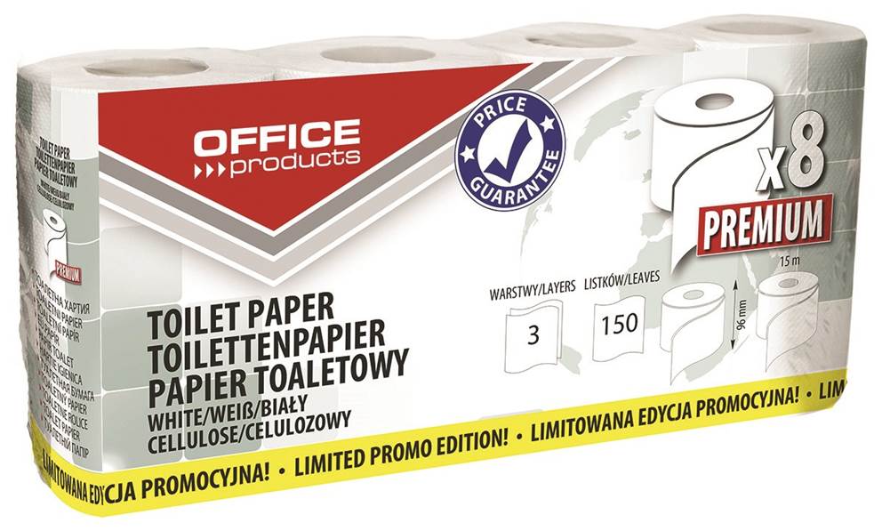 Papier toaletowy celulozowy OFFICE PRODUCTS Premium, 3-warstwowy, 150 listków, 15m, 8szt., biały