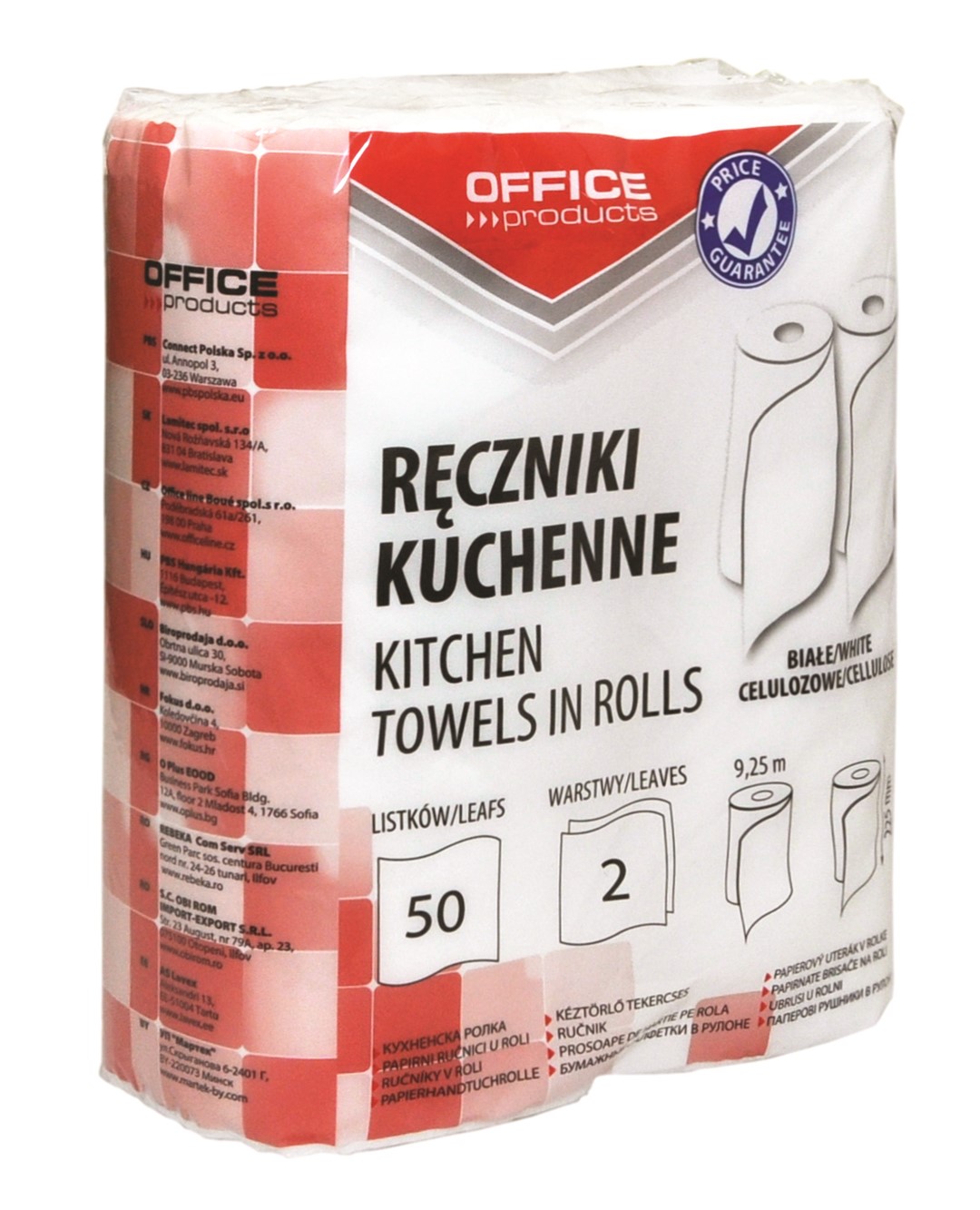 Ręczniki kuchenne celulozowe OFFICE PRODUCTS, 2-warstwowe, 50 listków, 9,25m, 2szt., białe