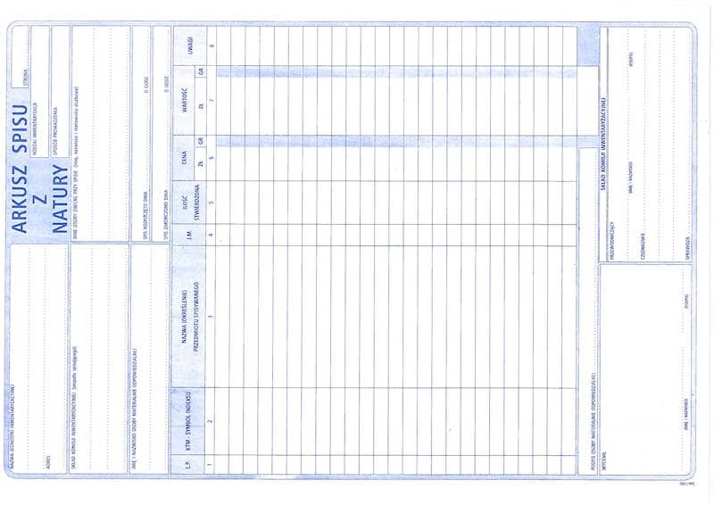 Arkusz spisu z natury A4 (80 kart)