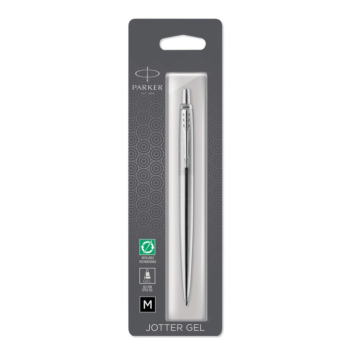 Parker Jotter długopis żelowy Stainless Steel CT, stal szlachetna z chromowanymi wykończeniami, końcówka medium, czarny tusz żelowy, opakowanie typu blister
