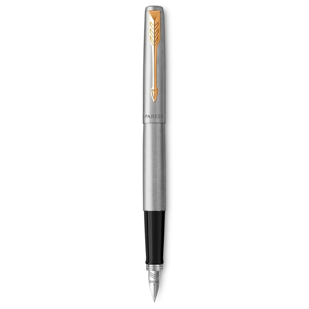 Parker Jotter pióro wieczne Stainless Steel GT, stal szlachetna ze złotymi wykończeniami, stalówka medium, niebieski atrament, opakowanie prezentowe