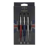Parker Jotter London Trio Discovery Pack: długopis, niebieski tusz, końcówka medium (niebieski Royal Blue), długopis żelowy, czarny tusz, końcówka medium (czerwony Red Kensington) oraz ołówek automatyczny (Stainless Steel)