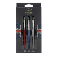Parker Jotter London Trio Discovery Pack: długopis, niebieski tusz, końcówka medium (niebieski Royal Blue), długopis żelowy, czarny tusz, końcówka medium (czerwony Red Kensington) oraz ołówek automatyczny (Stainless Steel)