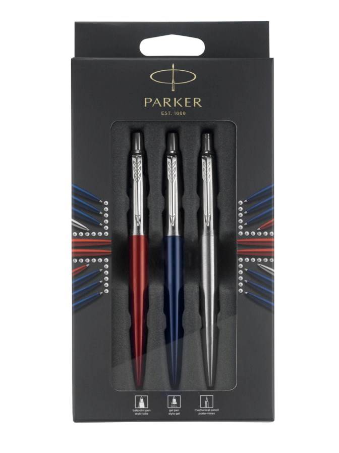 Parker Jotter London Trio Discovery Pack: długopis, niebieski tusz, końcówka medium (niebieski Royal Blue), długopis żelowy, czarny tusz, końcówka medium (czerwony Red Kensington) oraz ołówek automatyczny (Stainless Steel)