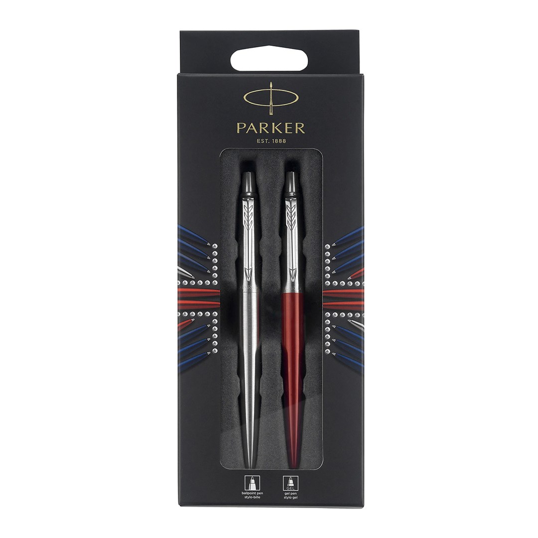 Parker Jotter London Duo Discovery Pack: długopis (Stainless Steel CT) i długopis żelowy (czerwony Kensington Red CT)