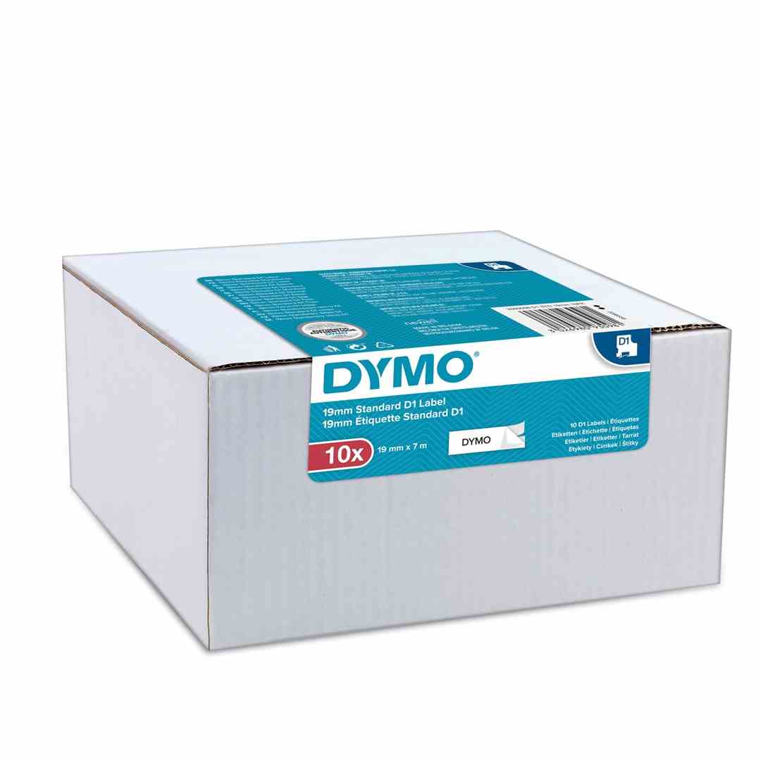 DYMO D1 oryginalne etykiety, czarny nadruk na białym, 19 mm x 7 m, samoprzylepne etykiety do drukarek etykiet LabelManager, 10 szt.