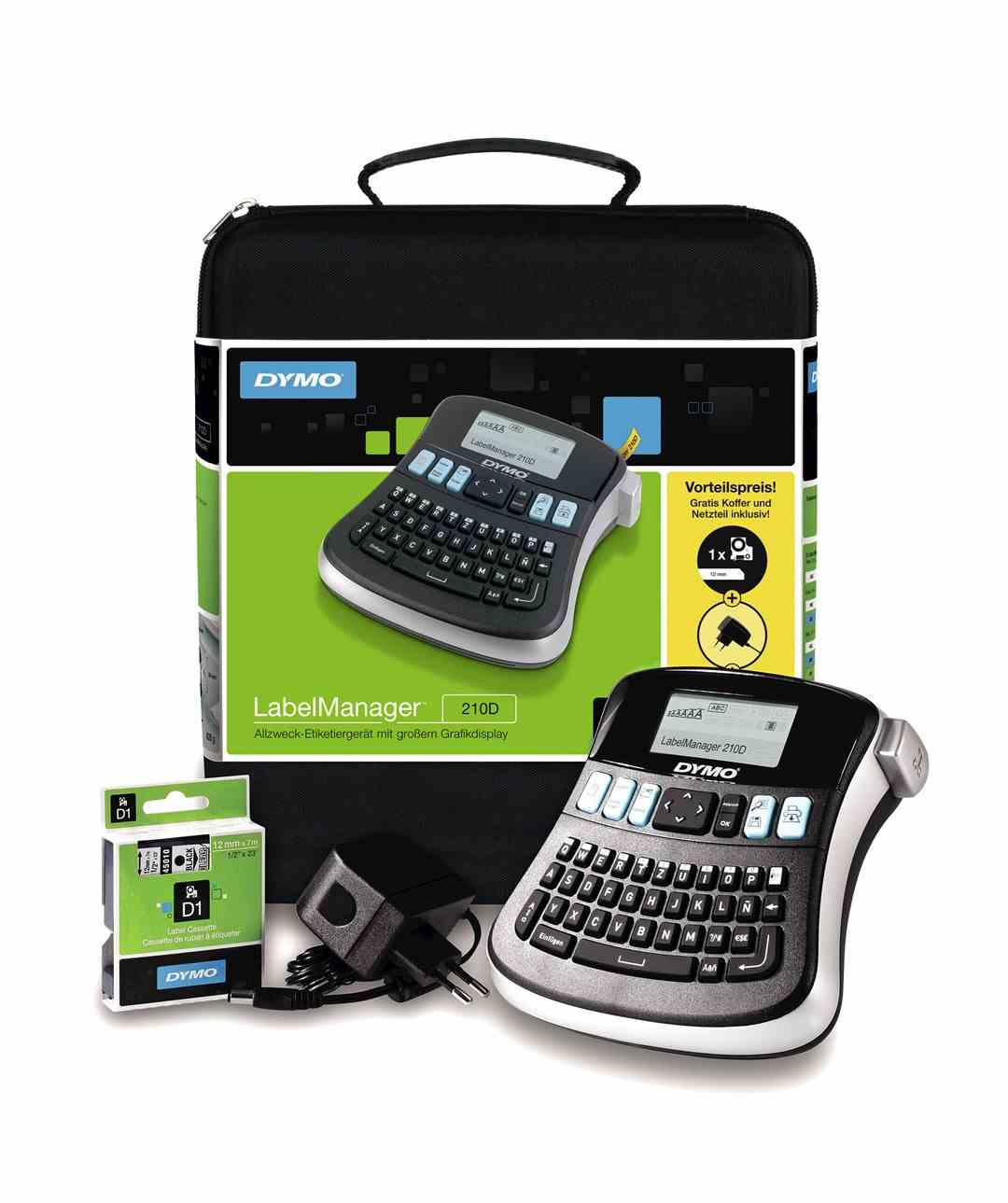 DYMO LabelManager 210D zestaw z ręczną drukarką etykiet, z klawiaturą QWERTY, etykietami D1 12 mm (czarne na białym) i walizką