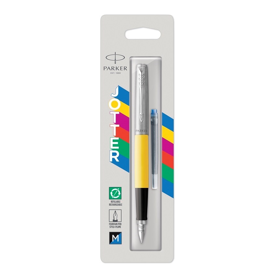 Parker Jotter Originals pióro wieczne Yellow, żółte, stalówka medium, czarny i niebieski tusz