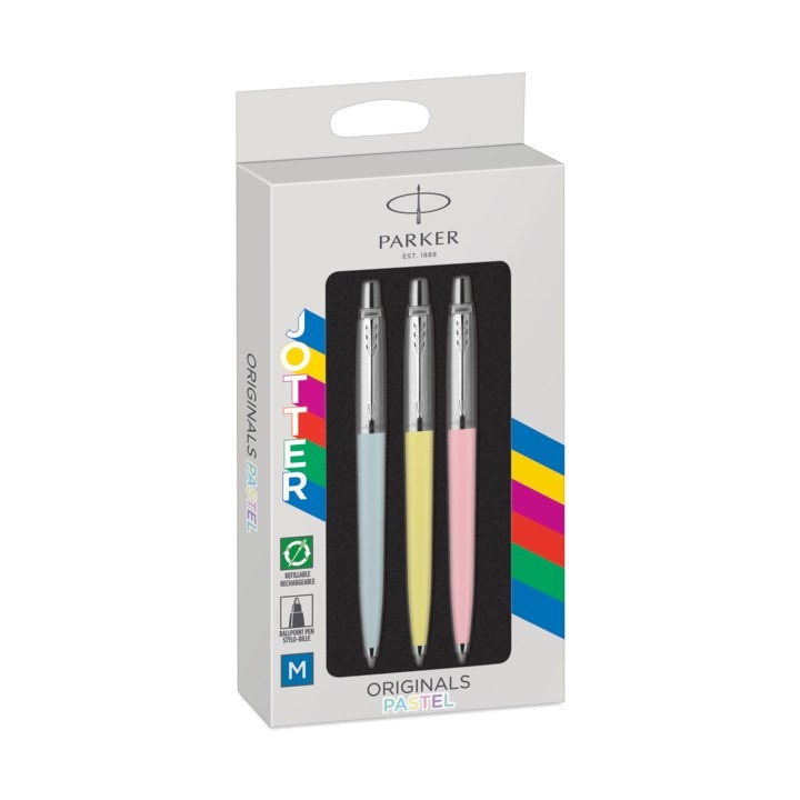 Parker Jotter Originals Pastel zestaw trzech długopisów Blue, Pink i Yellow, pastelowo niebieski, pastelowo różowy i pastelowo żółty, końcówka medium, niebieski tusz, blister