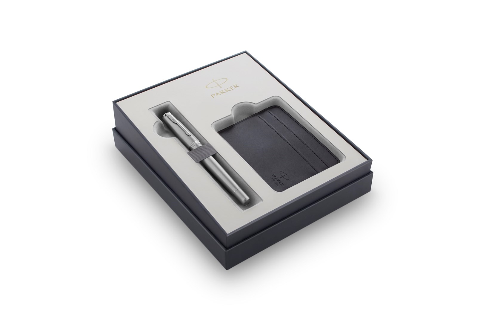 Parker Urban Metro Metallic CT, zestaw prezentowy pióro wieczne metaliczne matowe z chromowanymi wykończeniami i czarne etui na karty płatnicze