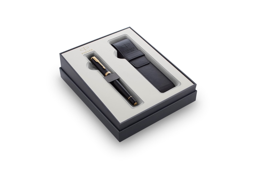 Parker Urban Muted Black GT, zestaw prezentowy pióro wieczne głęboki czarny lakier ze złotymi wykończeniami i czarne etui