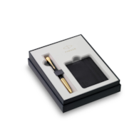 Parker Urban Muted Black GT, zestaw prezentowy długopis głęboki czarny lakier ze złotymi wykończeniami i czarne etui na karty płatnicze