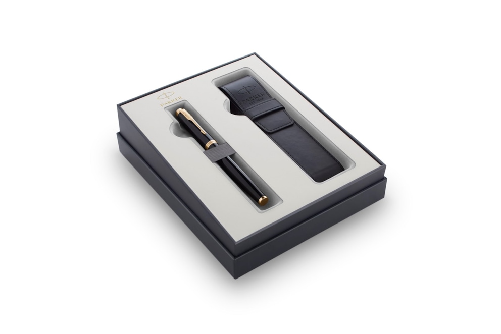 Parker IM Black Lacquer GT, zestaw prezentowy pióro wieczne głęboki czarny lakier ze złotymi wykończeniami i czarne etui