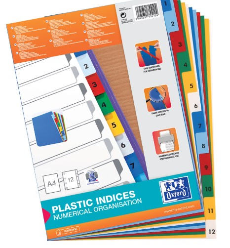 PRZEKŁADKI OXFORD  A4 Z KOLOROWEGO PP NUMERYCZNE 1-12