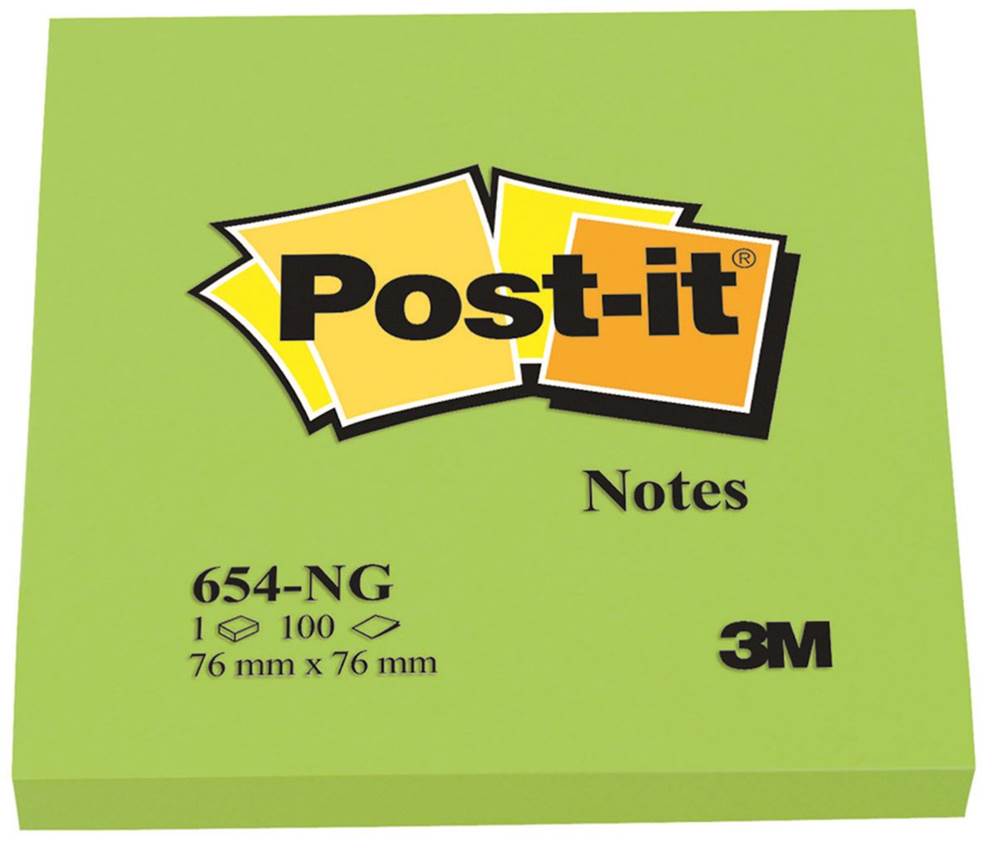 Bloczek samoprzylepny POST-IT® (654N), 76x76mm, 1x100 kart., jaskrawy zielony