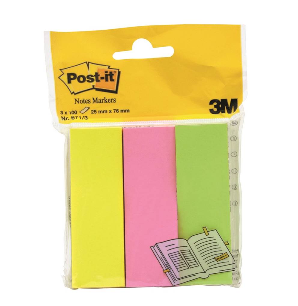 Zakładki indeksujące POST-IT® (671/3), papier, 26x76mm, 3x100 kart., mix kolorów