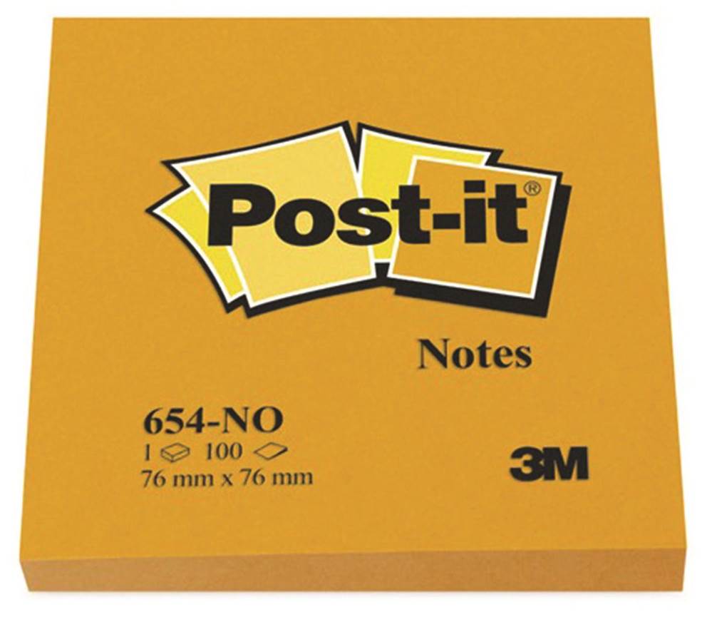 Bloczek samoprzylepny POST-IT® (654N), 76x76mm, 1x100 kart., jaskrawy pomarańczowy