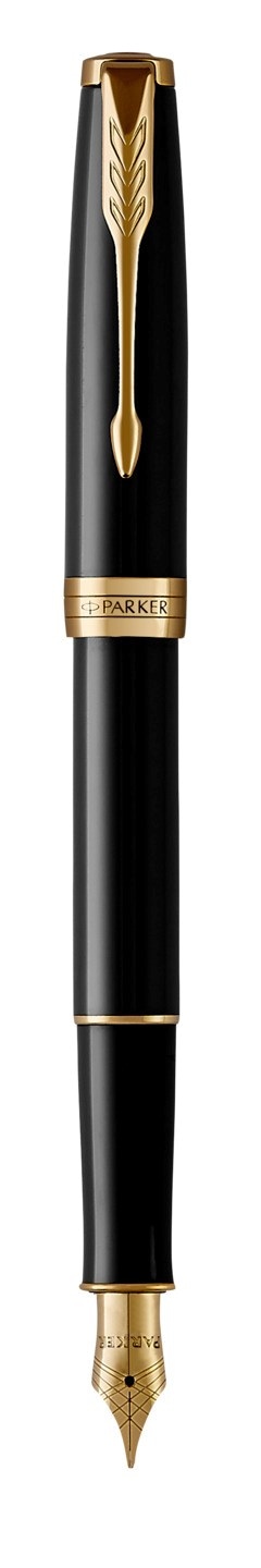 PARKER Sonnet pióro wieczne Black Lacquer GT, głęboki czarny  lakier ze złotymi wykończeniami, stalówka fine, opakowanie prezentowe