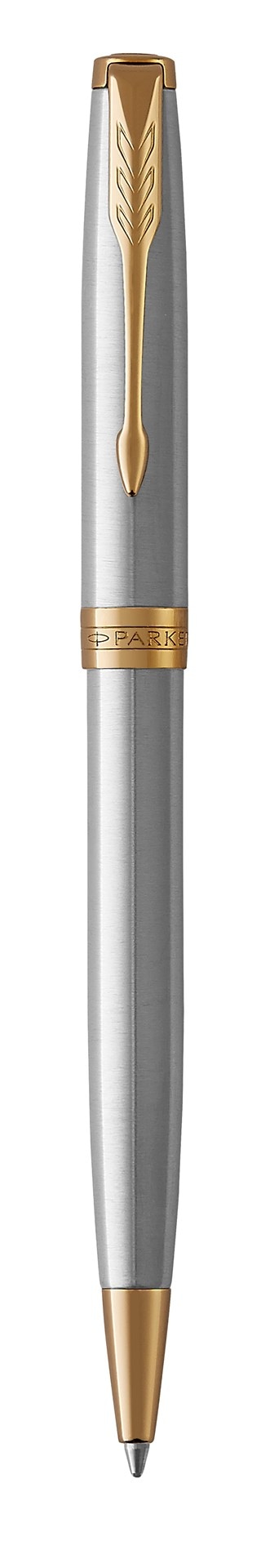 PARKER Sonnet długopis Stainless Steel GT, stal szlachetna ze złotymi wykończeniami, końcówka medium, czarny tusz, opakowanie prezentowe
