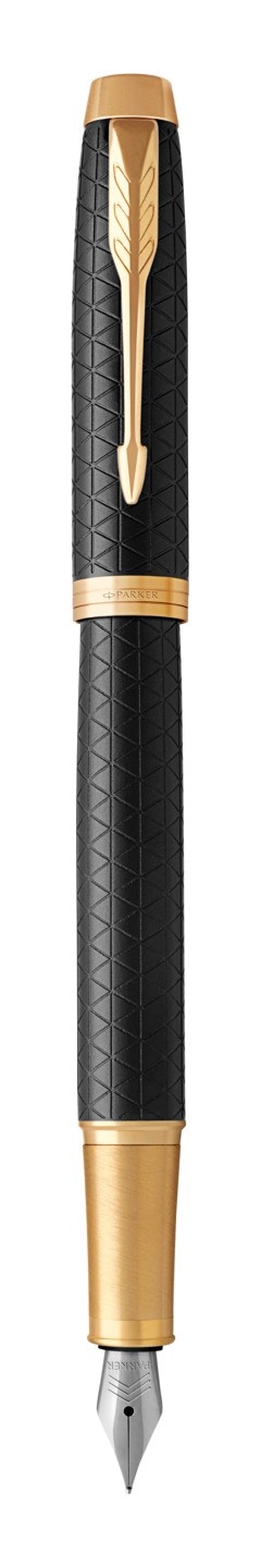 PARKER IM pióro wieczne Premium Black GT, czarny grawerowany ze złotymi wykończeniami, stalówka medium, niebieski atrament, opakowanie prezentowe