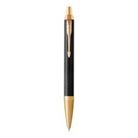PARKER IM długopis Premium Warm Grey GT, czarny grawerowany ze złotymi wykończeniami, końcówka medium, niebieski tusz, opakowanie prezentowe