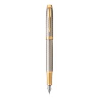 PARKER IM pióro wieczne Premium Warm Grey GT, jasnoszary grawerowany ze złotymi wykończeniami, stalówka medium, niebieski atrament, opakowanie prezentowe