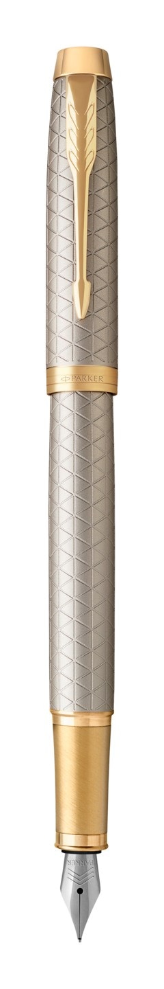PARKER IM pióro wieczne Premium Warm Grey GT, jasnoszary grawerowany ze złotymi wykończeniami, stalówka medium, niebieski atrament, opakowanie prezentowe