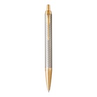 PARKER IM długopis Premium Warm Grey GT, jasnoszary grawerowany ze złotymi wykończeniami, końcówka medium, niebieski tusz, opakowanie prezentowe