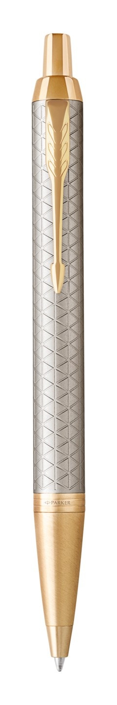 PARKER IM długopis Premium Warm Grey GT, jasnoszary grawerowany ze złotymi wykończeniami, końcówka medium, niebieski tusz, opakowanie prezentowe
