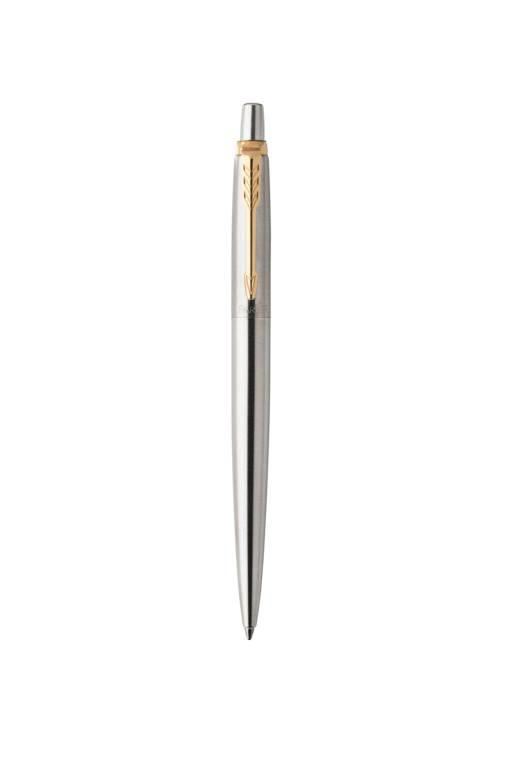 Parker Jotter długopis Stainless Steel GT, stal szlachetna ze złotymi wykończeniami, końcówka medium, niebieski tusz, opakowanie prezentowe
