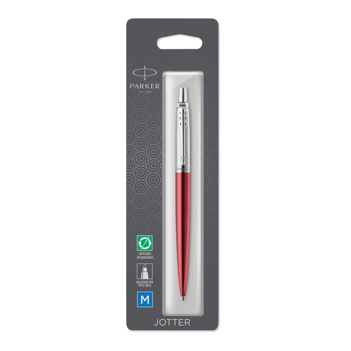 Parker Jotter długopis Kensington Red, czerwony, końcówka medium, niebieski tusz, blister