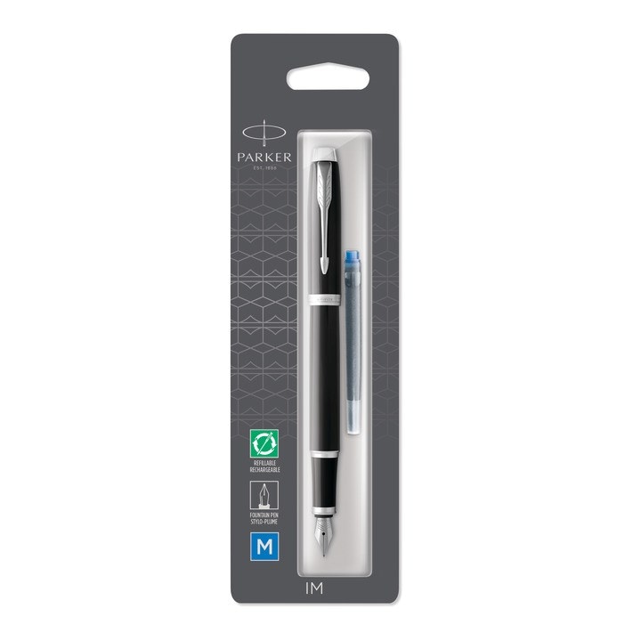 PARKER IM pióro wieczne Black Lacquer CT, czarne z chromowanymi wykończeniami, stalówka medium, niebieski atrament, opakowanie typu blister