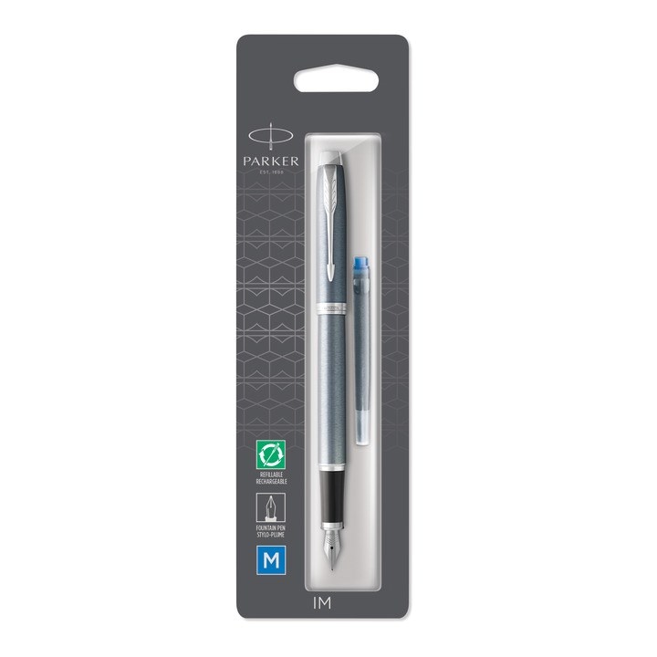 Parker IM pióro wieczne Blue Grey CT, popielaty lakier z chromowanymi wykończeniami, stalówka medium, nabój z niebieskim atramentem, opakowanie typu blister