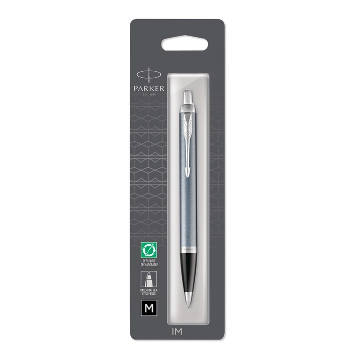 PARKER IM długopis Blue Grey CT, popielaty lakier z chromowanymi wykończeniami, końcówka medium, niebieski tusz, opakowanie typu blister