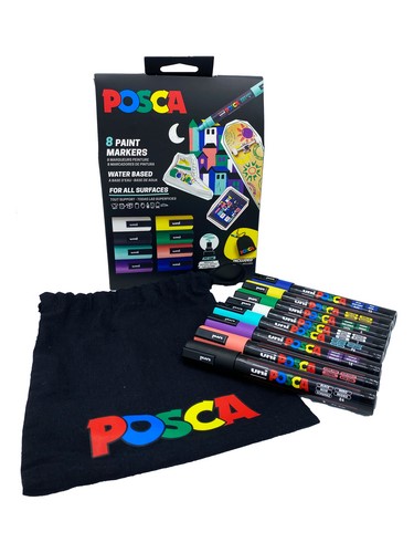 ZESTAW PC-5M, 8 SZTUK MARKERÓW POSCA UNI, Z TOREBKĄ MATERIAŁOWĄ GRATIS