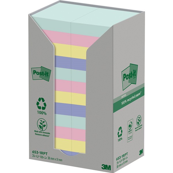 Bloczek samoprzylepny ekologiczny POST-IT® , 38x51mm, 24x100 kart., pastelowy