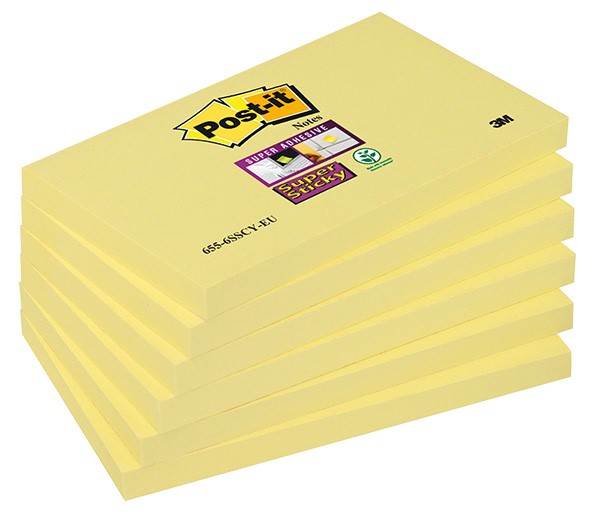 Bloczek samoprzylepny POST-IT® Super Sticky (655-6SSCY-EU), 127x76mm, 6x90 kart., żółty