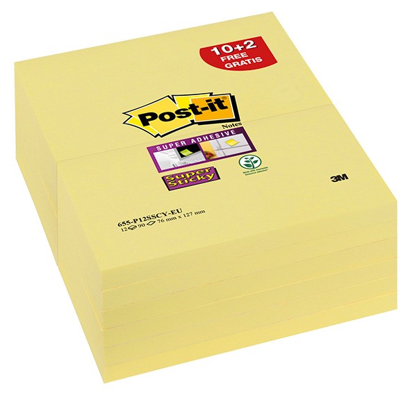 Bloczek samoprzylepny POST-IT® Super Sticky (655-P6SSCY-EU), 127x76xmm, 5+1x90 kart., żółty, 1 bloczek GRATIS