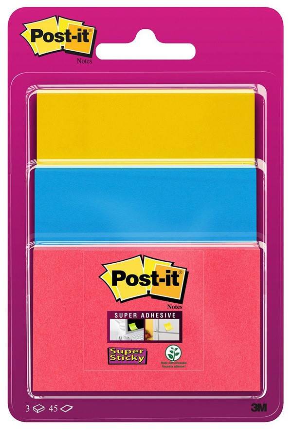 Bloczek samoprzylepny POST-IT® Super Sticky (3432SS3-BYP-EU), 47,6x47,6mm, 3x45 kart., zawieszka, mix kolorów